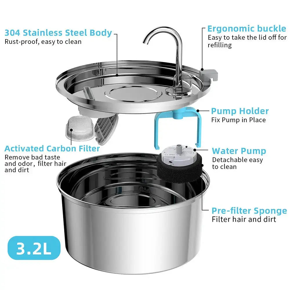 Petrkl™ PureFlow – Stainless Steel Cat Water Fountain 3.2L Petrkl