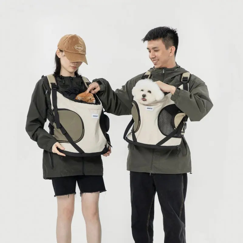 Comfortable and hands-free pet carriers featured in relaxing park moment