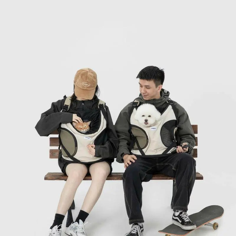 Man and woman relaxing in the park with pet carrier backpacks in khaki