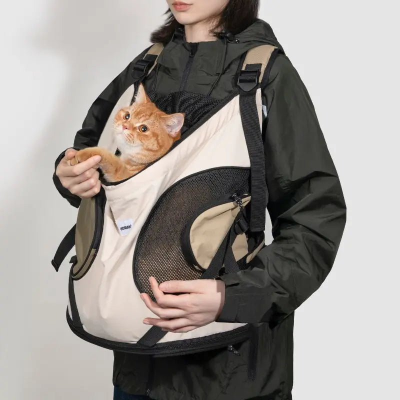 Women carrying khaki cat carrier backpack for cats