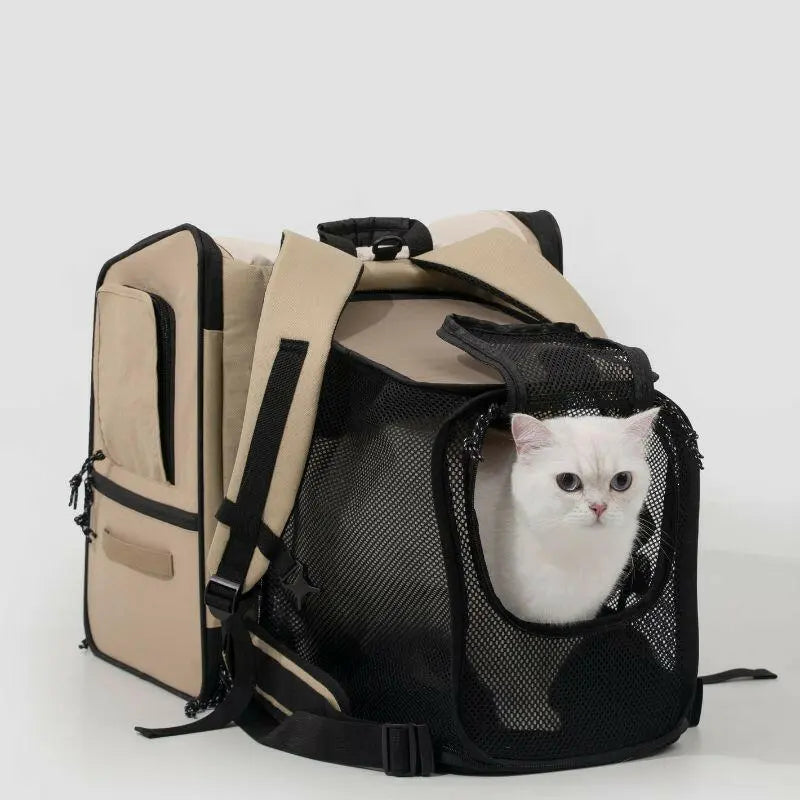 Foldable pet carrier travel backpack with mesh ventilation