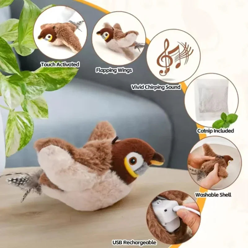 Hot Rechargeable Interactive Simulated Bird Cat Toy Touch Activated Chirping Flapping No Flying Plush Pet Toy for Cats Dogs Petrkl