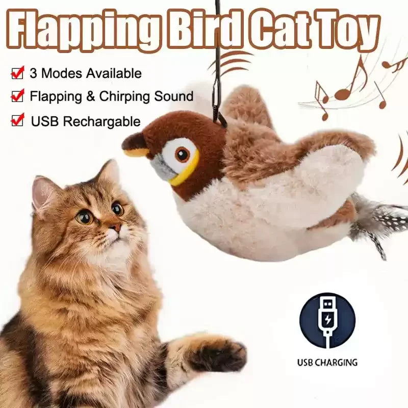 Hot Rechargeable Interactive Simulated Bird Cat Toy Touch Activated Chirping Flapping No Flying Plush Pet Toy for Cats Dogs Petrkl