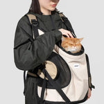 Side view of cat carrier front pack with padded shoulder straps for easy carrying