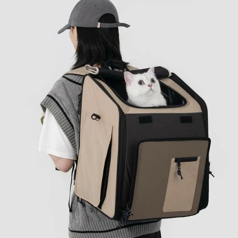 Woman carrying pet travel backpack