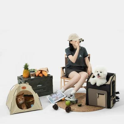 Woman carrying pet travel backpack outdoors